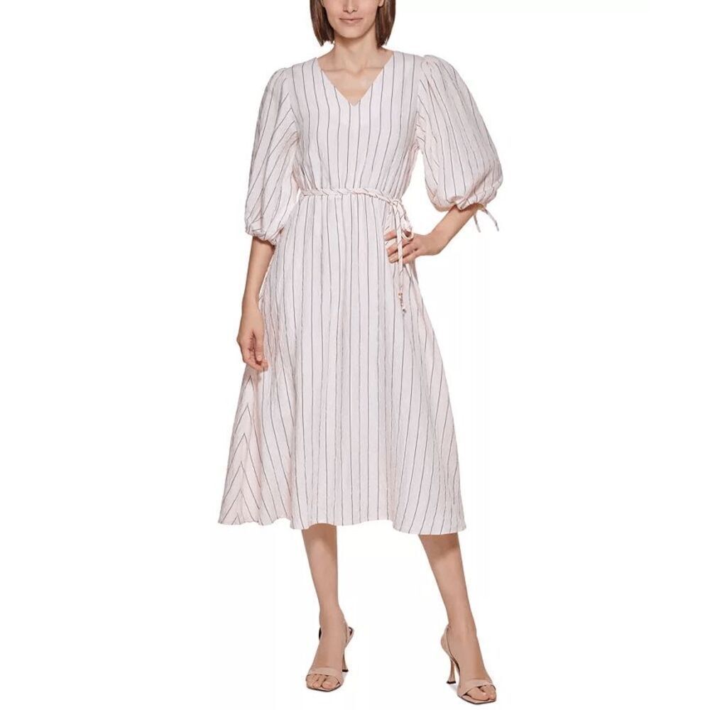 Calvin Klein Women's Striped Puff Sleeve Midi Dress - Hibiscus 8